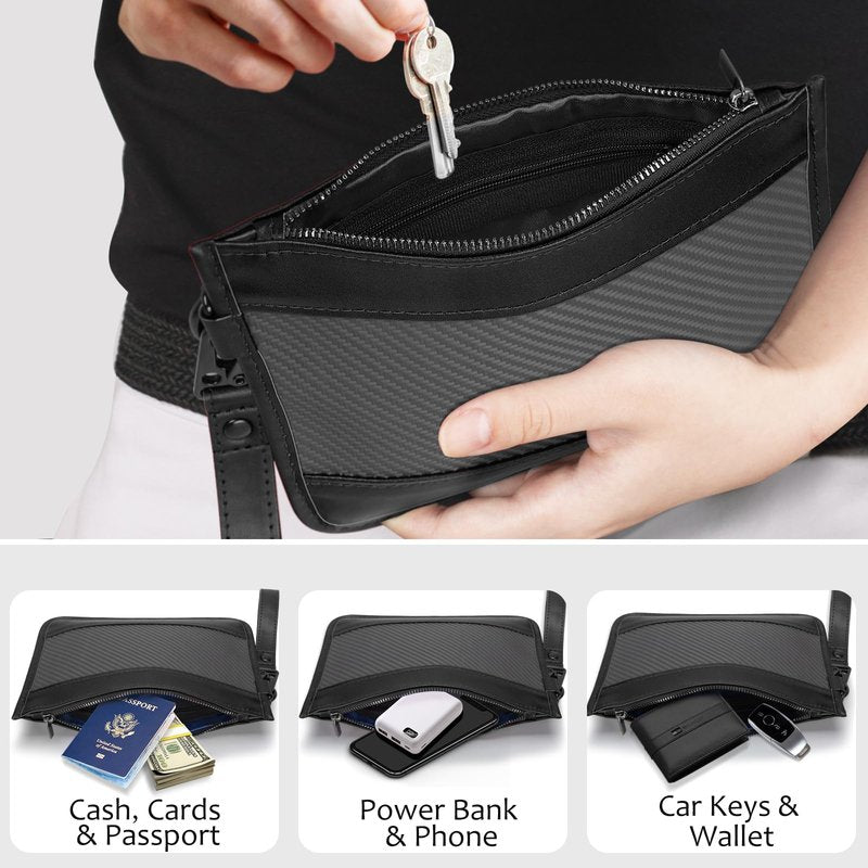 T-carbon Carbon Fiber & Leather Golf Ball Pouch Tee Holder – Golf Accessories Bag with Carabiner Clip, Holds Balls, Tees, Phone & Wallet – Gifts for Golfers Men Women, Black