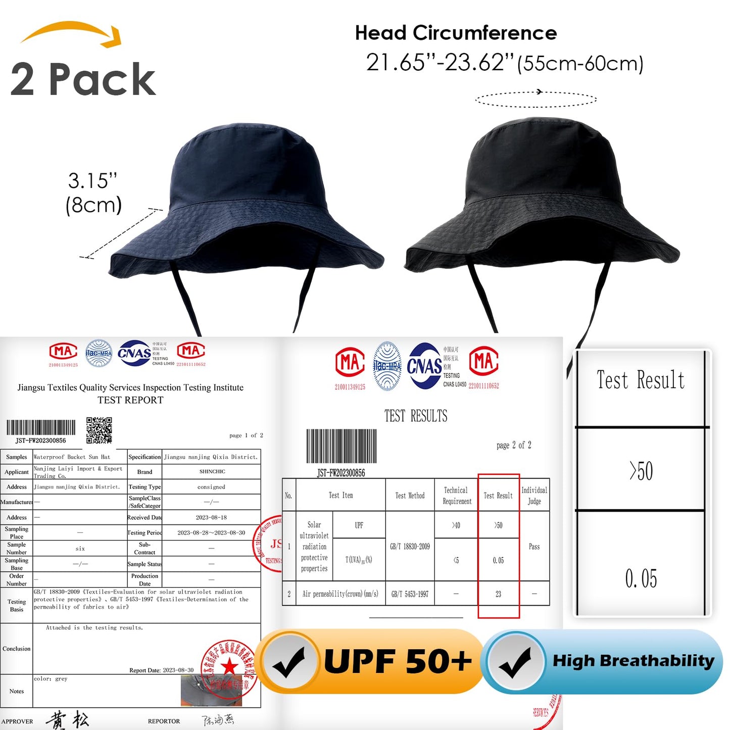 2 Pack Waterproof Sun Hats for Women Men UV Protection Packable Brimmed Floppy Rain Hat Lightweight Bucket Hats for Outdoor