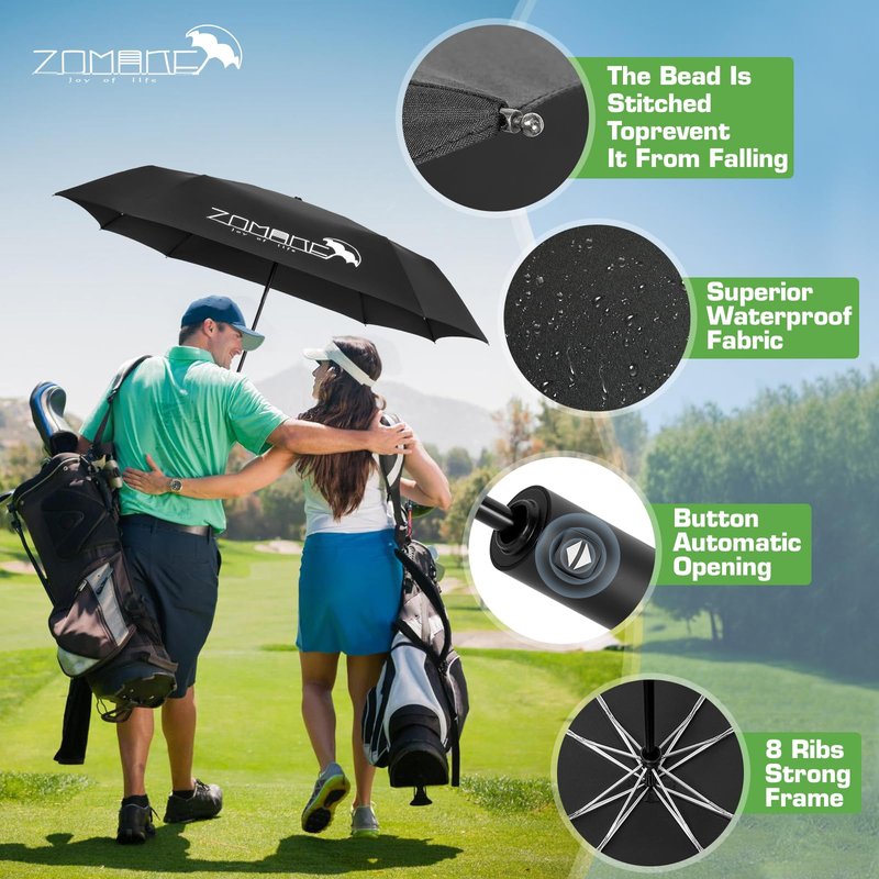 ZOMAKE Compact Large Umbrella 54 Inch, Foldable Automatic Large Travel Golf Umbrellas for Rain Windproof Collapsible For Men Women(Black)