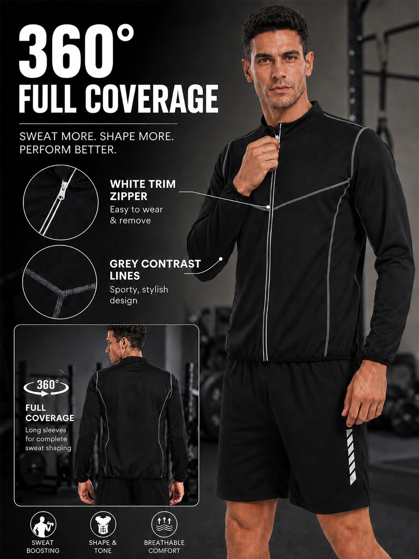 LAZAWG Sauna Suit for Men Long Sleeve Sauna Jacket Workout Sweat Shirt Zipper Top for Gym Running Fitness Exercise