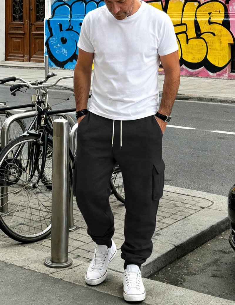 QOSOQ Men's Fleece Joggers with Pockets Heavyweight Winter Casual Sweatpants with Drawstring Elastic Waistband Black