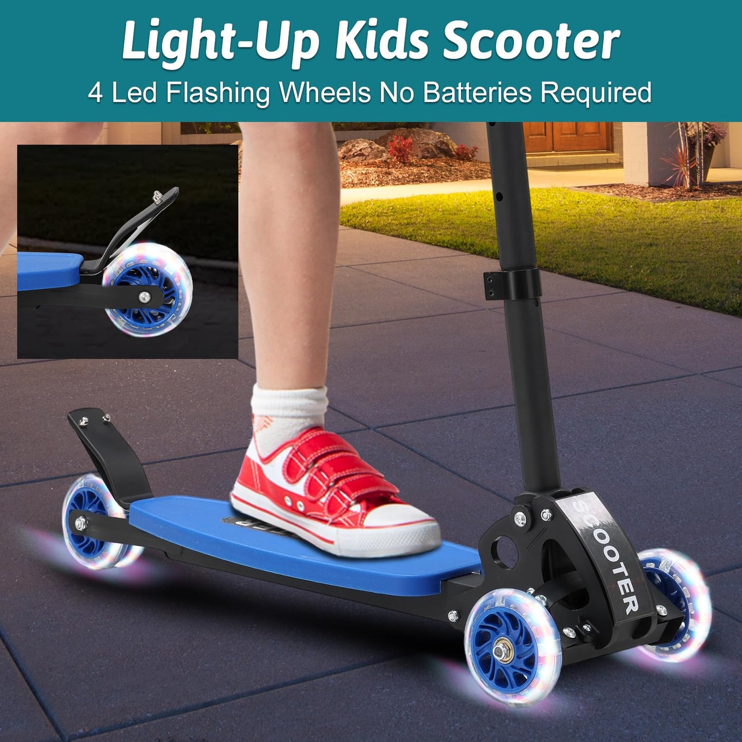 3 Wheel Scooter for Kids Ages 3-12, Lean-to-Steer Kids Kick Scooter with LED Light-Up Wheels, 3 Adjustable Heights, Foldable Design, 6" Extra Wide Deck for Boys and Girls Toy Gift -Blue