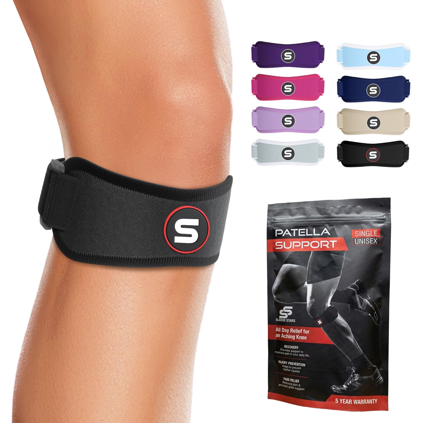 SS SLEEVE STARS Patellar Tendon Support Strap Swedish Brand for Women & Men Effective Osgood Schlatter Knee Brace Youth & Kids with 3 Adjustable Length fits 12"-24" (Pair/Black/Adult)