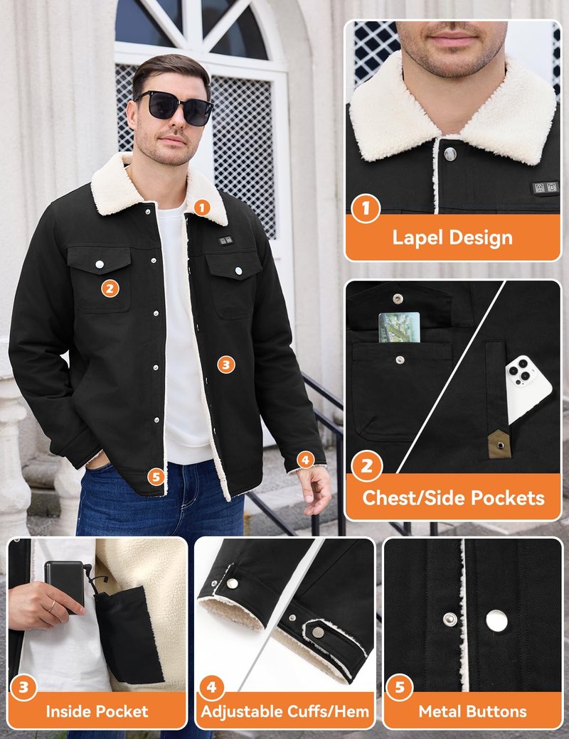 HEEKPEK Heated Jacket for Men with 18400mAh Long-Lasting Battery, 5-Zone Heated Sherpa Lined Coat for Outdoor Winter(Black,L)