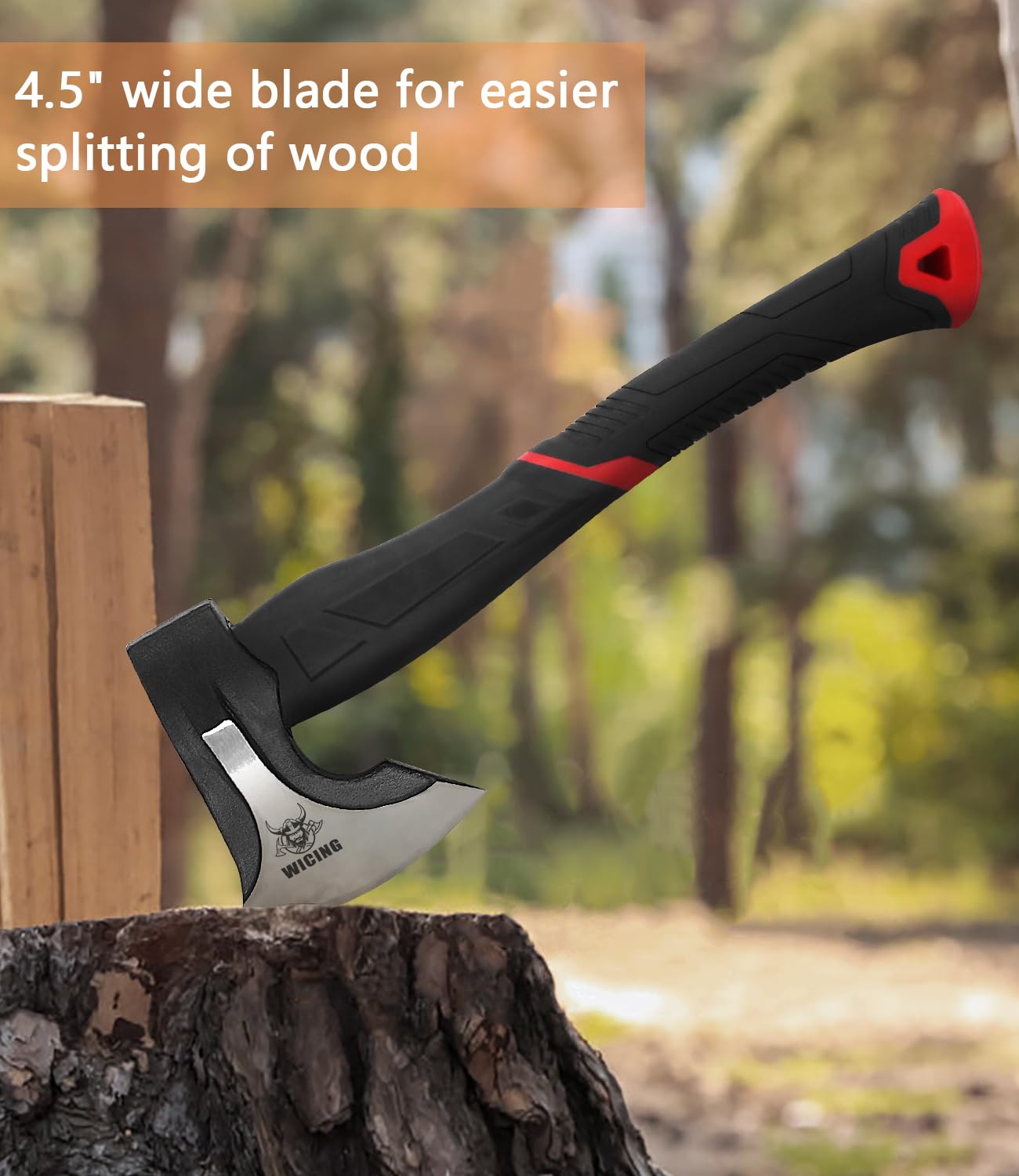 WICING 15 inch Hatchet for Small to Medium Size Kindling, Splitting Axe 1065 High Manganese Steel and Ergonomic Fiberglass Handle, 2.3 pounds
