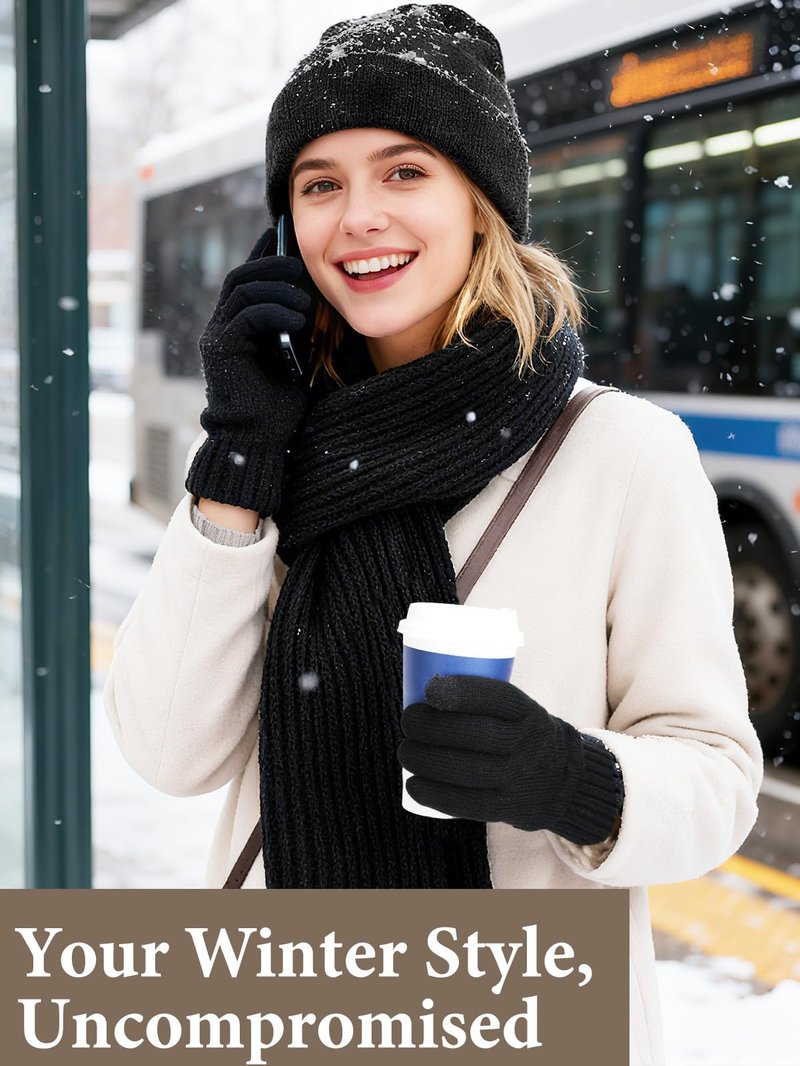 Satin Lined Beanie Scarf and Gloves Set for Women - Hair Protection, Winter Accessories Gifts for Wife Her, Black