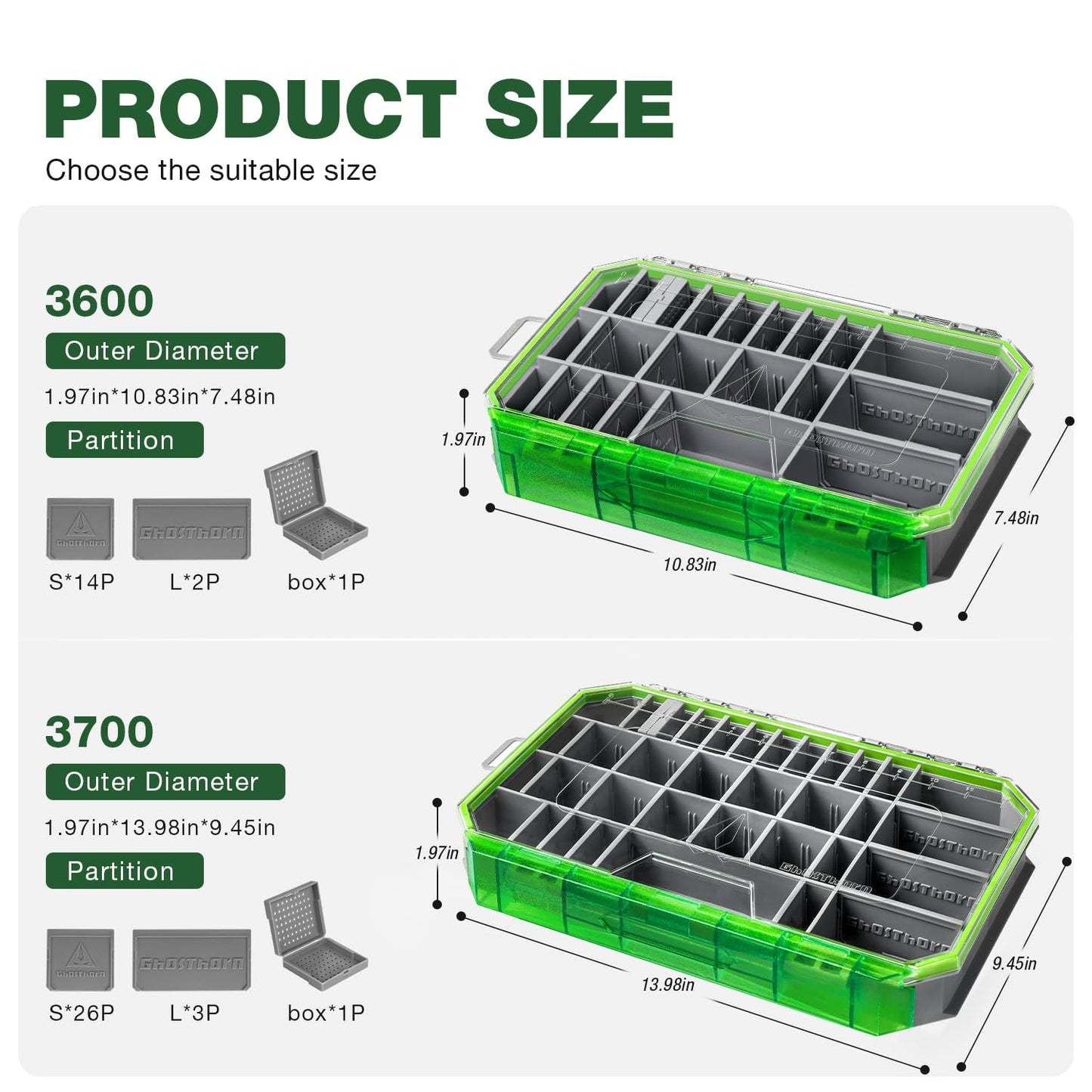 Ghosthorn Fishing Tackle Box, Waterproof 3600 and 3700 Tackle Trays, Plastic Tackle Box Organizer with Removable Dividers, Storage Lure Box and Terminal Tackle Storage
