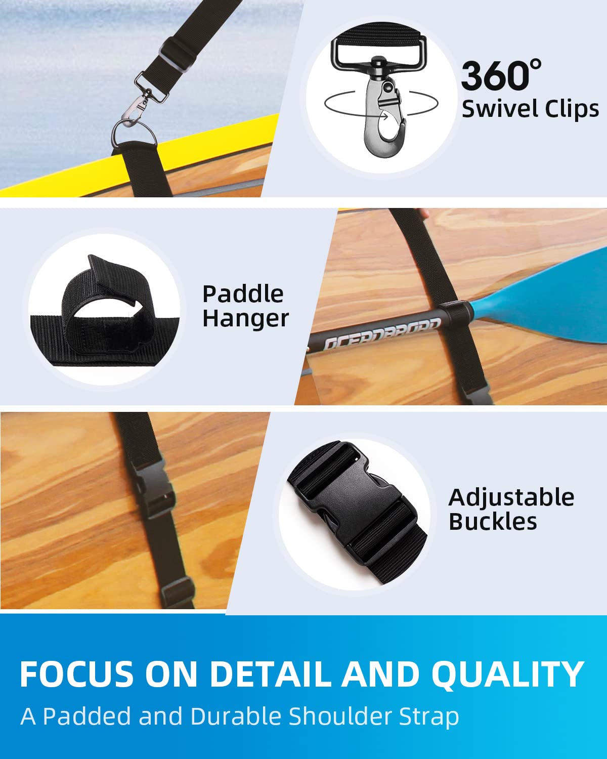 OCEANBROAD Adjustable Shoulder Carry Strap with Clips for SUP Kayak