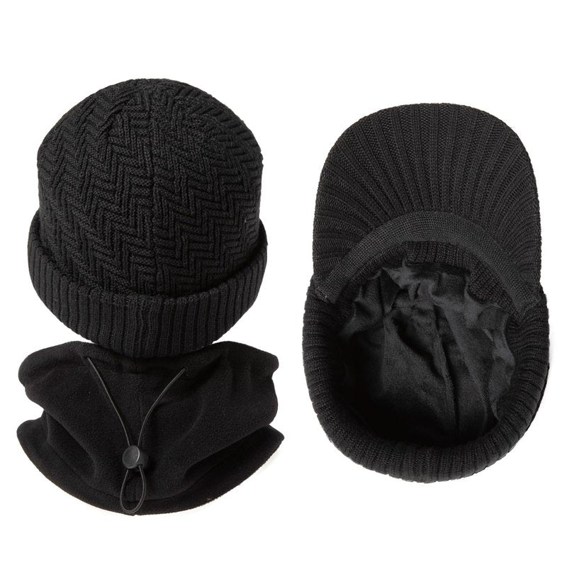 TOP-EX DryKnit™ Waterproof Merino Wool Visor Beanie with Brim & Fleece Neck Warmer Set – Warm Winter Knit Hat for Men & Women Cold Weather Ski Hiking Golf Black M/L