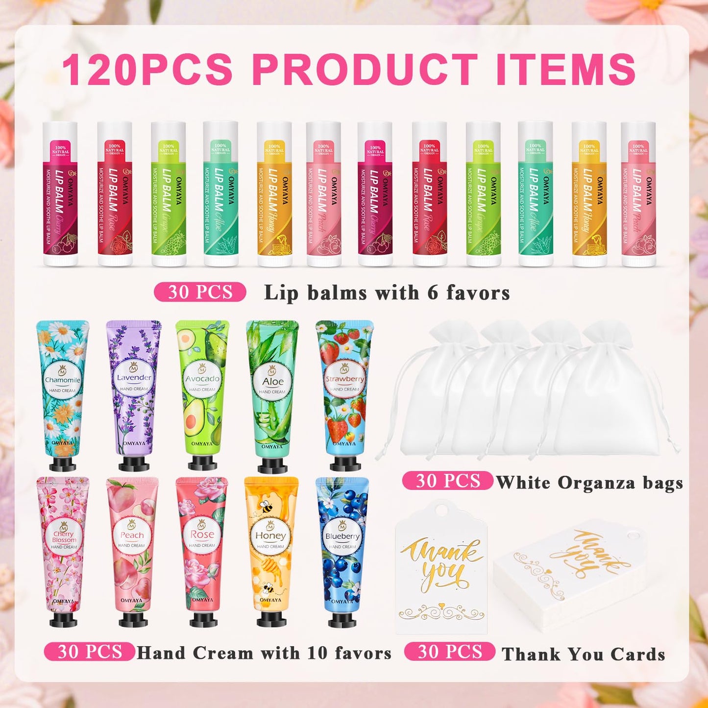 30 Sets Bulk Gifts For Women, Lip Balm Bulk and Hand Cream Gift Set with Organza Bags, Thank You Cards, Party Favors For Bridal Wedding, Baby Shower,Teacher Appreciation Gifts Bulk