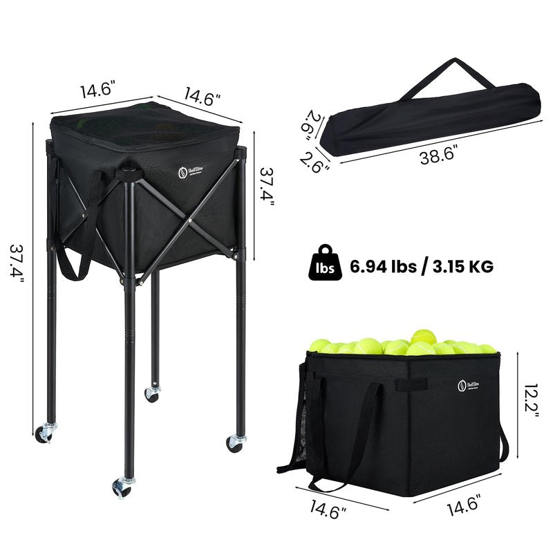 ShelfElites Portable Tennis Ball Hopper & Pickleball Basket, Foldable Tennis Ball Cart with Storage Bag, Multi-Sport Ball Collector for Training & Practice（Big）