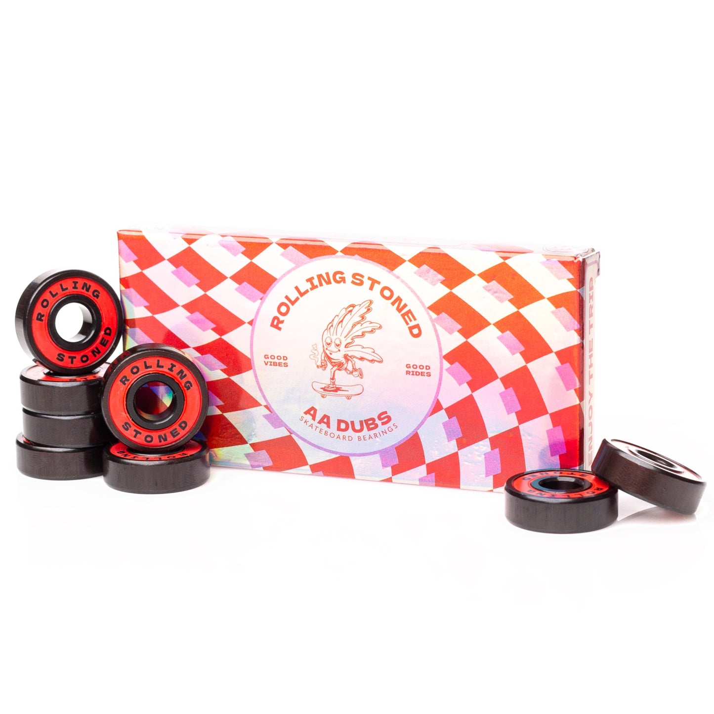 Rolling Stoned Skateboard Bearings Set - ABEC 5 Sealed Bearings for Skateboards, Longboards, Scooters and Roller Skates Stainless Steel 608 Bearings (8 Pack, Red) (AA Dubs)