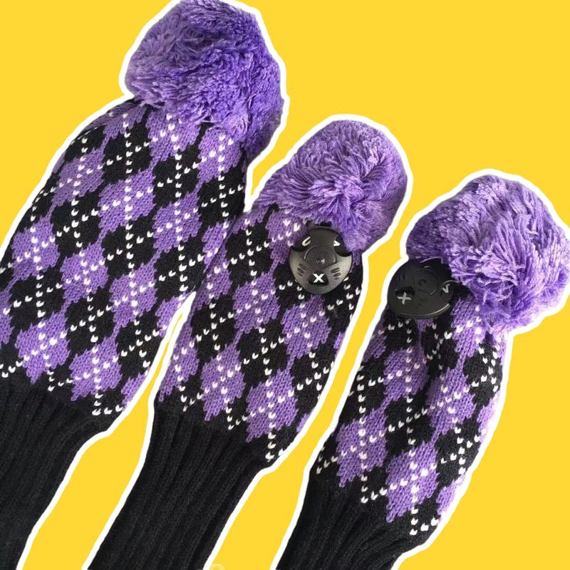 3pcs Knit Golf Headcovers for Women Men - Club Head Covers for Driver, 3 5 Fairway Woods, Pom Pom Golf Wood Headcovers for 1 3 5 Woods (Purple&Black)