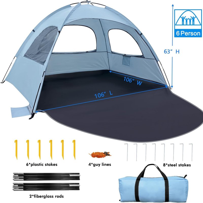 Beach Tent - Anti-UV Portable Sun Shade Shelter for 3-8 People | Extendable Floor, 3 Mesh Windows, Carrying Bag Included