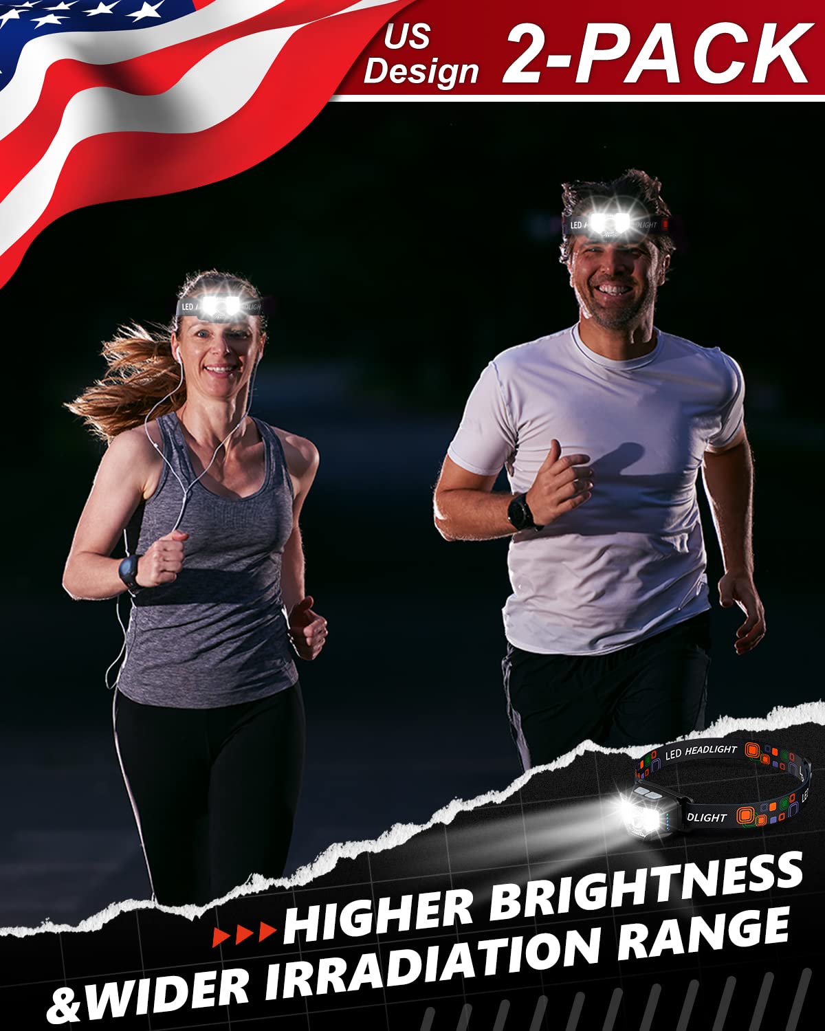 GETASI Headlamp Rechargeable 2PCS, 1200 Lumen Super Bright LED Flashlight with Motion Sensor for Adults and Kids- Camping Accessories Gear, Waterproof for Hiking, Running, Fishing, Cycling