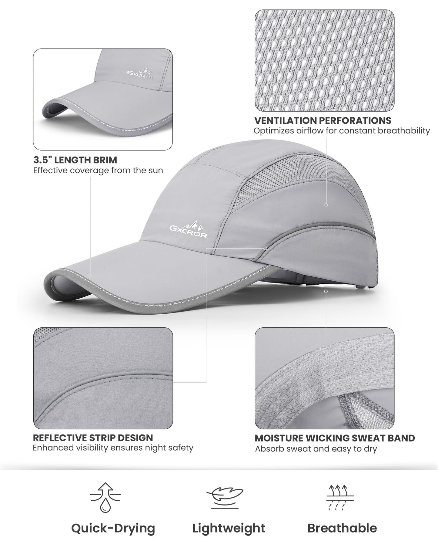 GXCROR Quick-Dry Running Hat for Men & Women - UPF 50+ Breathable Mesh, Reflective Sports Cap for Outdoor, Hiking Light Gray