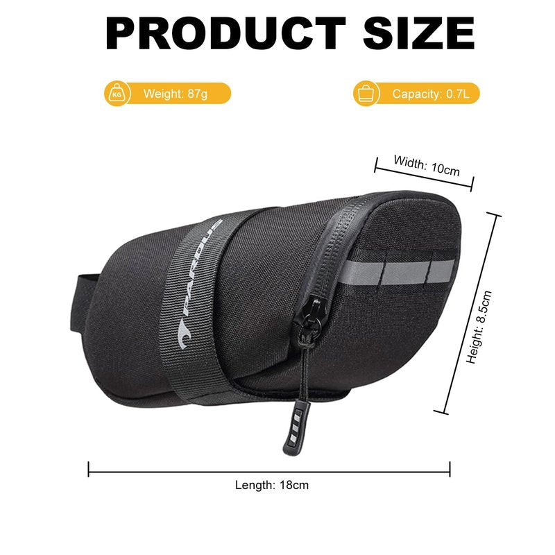 PARDUS Bike Saddle Bag, Water Resistant Bicycle Seat Bag, Durable Under Seat Storage Pouch with Multi-Tool Sleeves, Small Compact Bike Bag, Black