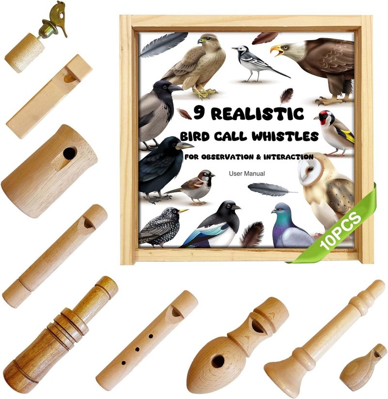 9-Piece Wooden Bird Call Set - Handcrafted Bird Calls in Acrylic Box for Birdwatchers & Nature Lovers