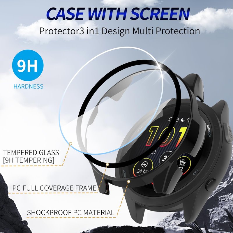 Kimiyaki 3 Pack for Garmin Forerunner 265 46mm Screen Protector Case [Full Coverage], Hard PC Bumper All-Around Protective Accessories for Garmin Forerunner 265 Built-in Tempered Glass Film