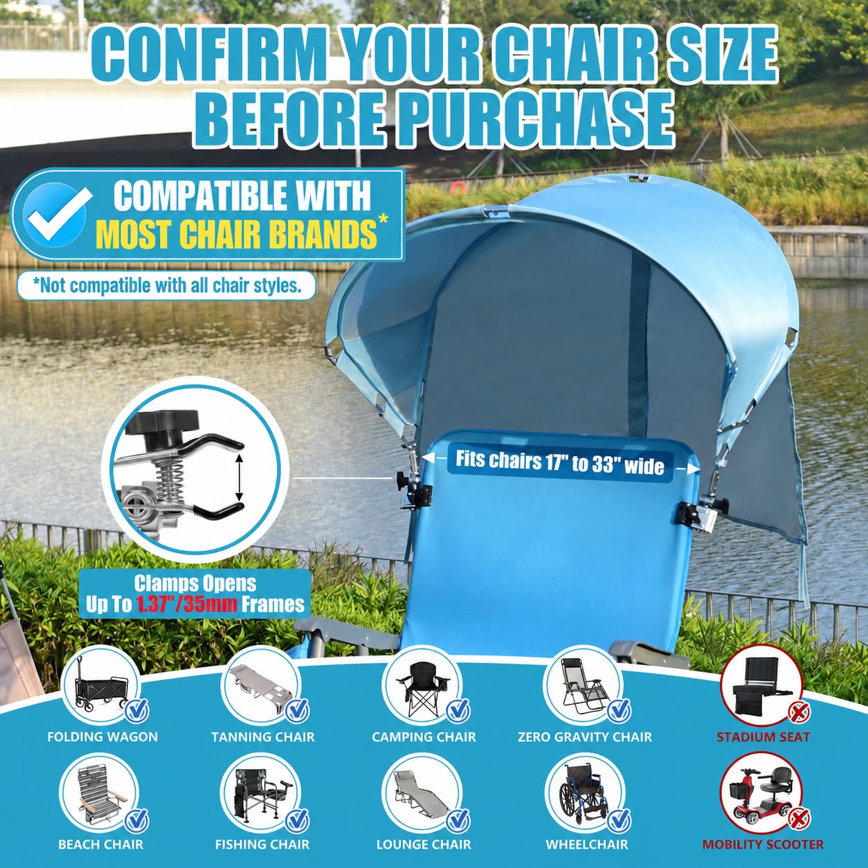 XL Universal Wind-Resistant Chair Umbrella Canopy, Extra Large Foldable UPF 50+ Sun Shade Attachment with Adjustable Clamp, Fits Most Beach, Camping, Lawn, Sports, Zero Gravity Chairs, Patented