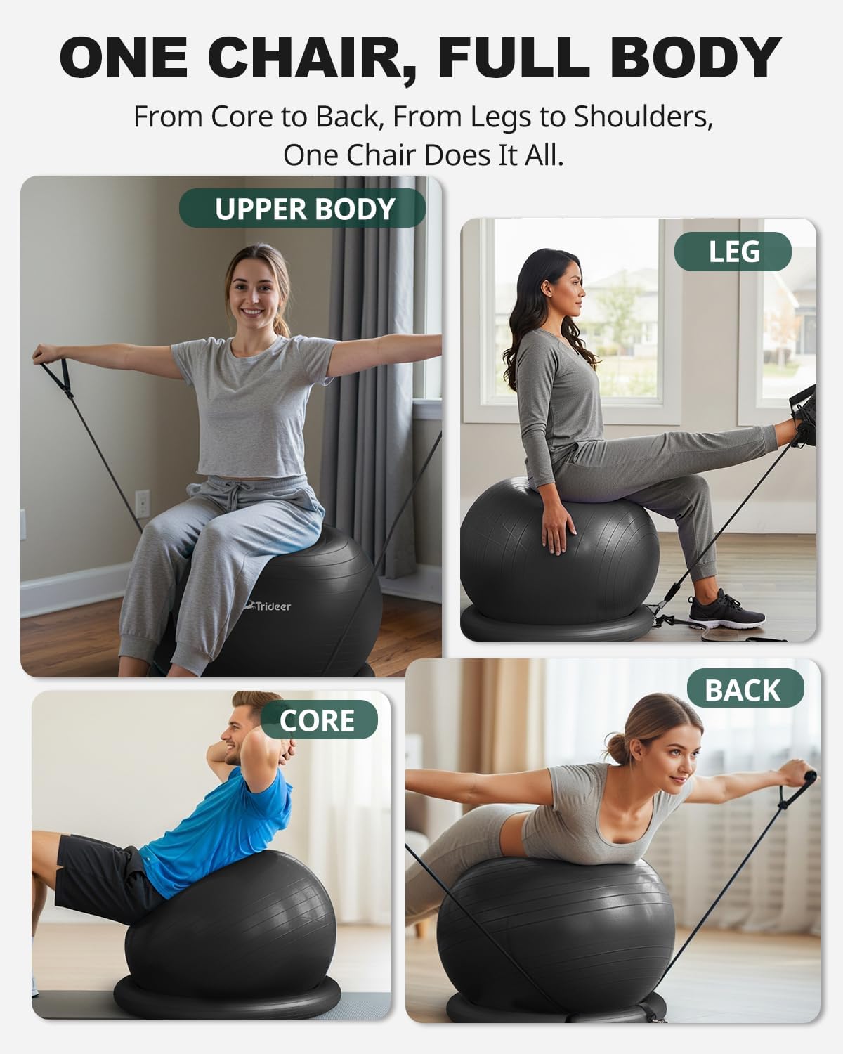 Trideer Exercise Ball Chair - Stability Ball Seat for Core Workout & Back Support | Includes Base & Resistance Bands