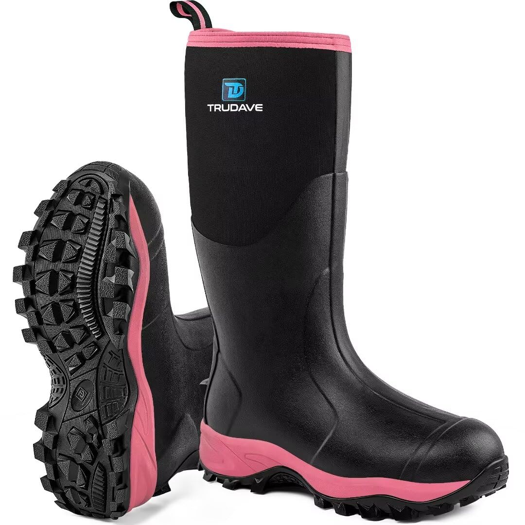 Trudave Rubber Boots for Women with Steel Shank, Waterproof Insulated Mud Rain Boots, 6mm Neoprene Anti-slip Outdoor Work Boots, Pink, Size 8
