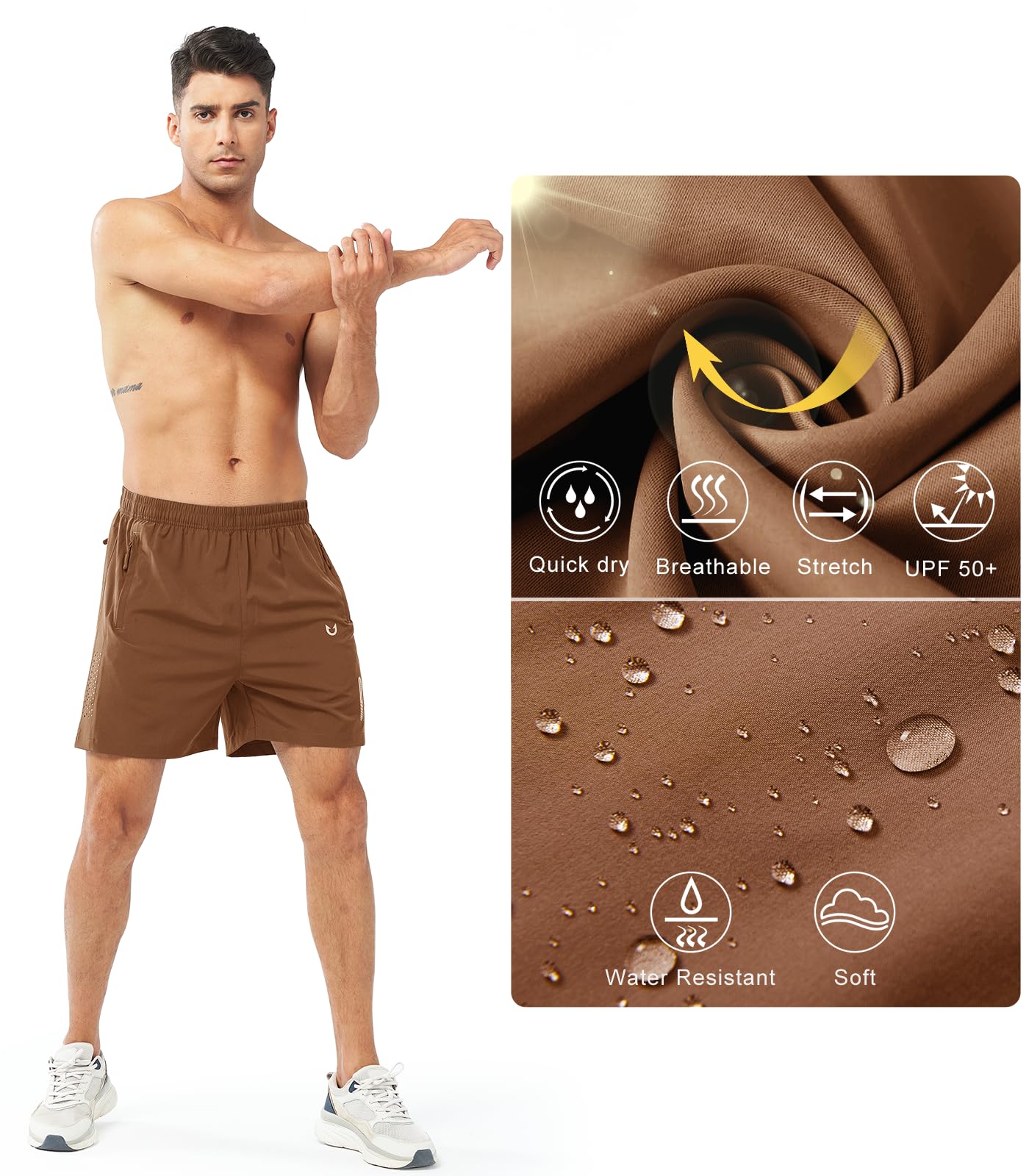 NORTHYARD Men's Athletic Running Shorts Gym Workout 7"/9"/5" Quick Dry Lightweight Sports Basketball Tennis 3 Zipper Pockets BROWN-5inch S