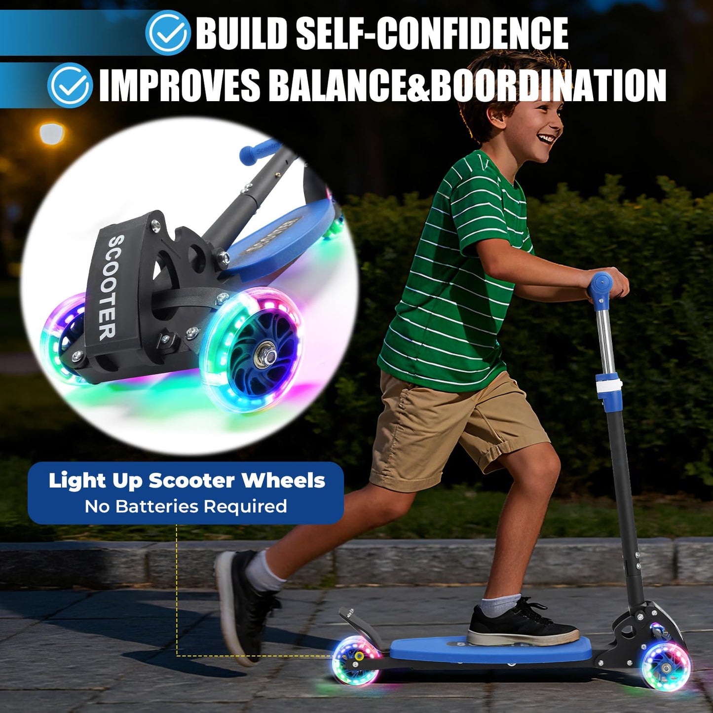 3 Wheel Scooter for Kids Ages 6-12, LED Light-Up Kids Kick Scooter–Portable Foldable, Adjustable Height, Durable Metal Construction, 6" Extra Wide Deck for Outdoor Activities,Child Safety Certified