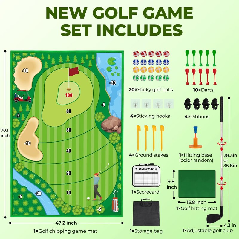 FINCOME Golf Chipping Game Mat Set, Golf Hitting Training Mat Practice Outdoor Indoor for Adults Family, Kids Outdoor Play Equipment, Stick Chip Games for Backyard Office Home (70.1x47.2in)