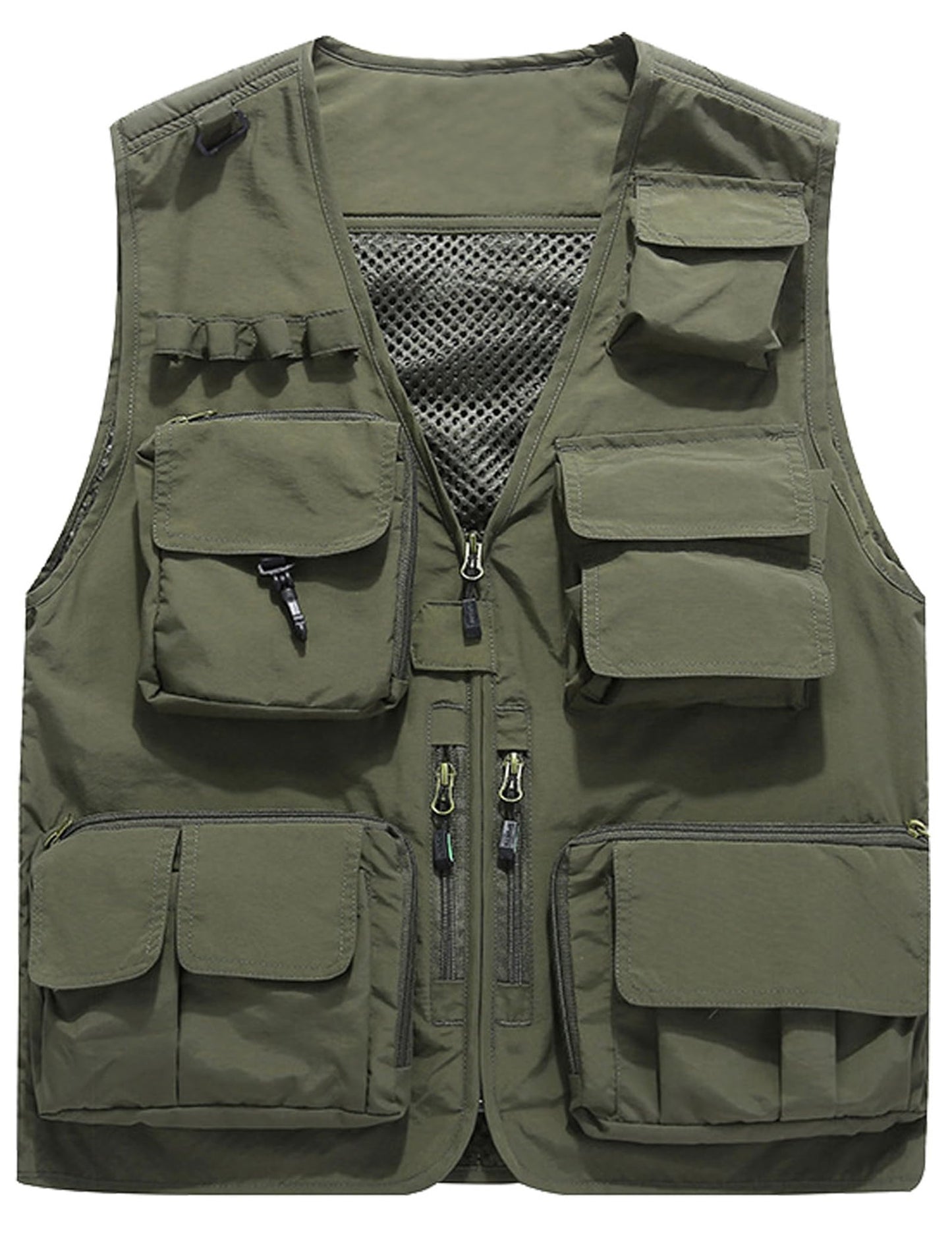 Flygo Men's Casual Lightweight Outdoor Fishing Work Safari Travel Photo Cargo Vest Jacket Multi Pockets(Large, Army Green)