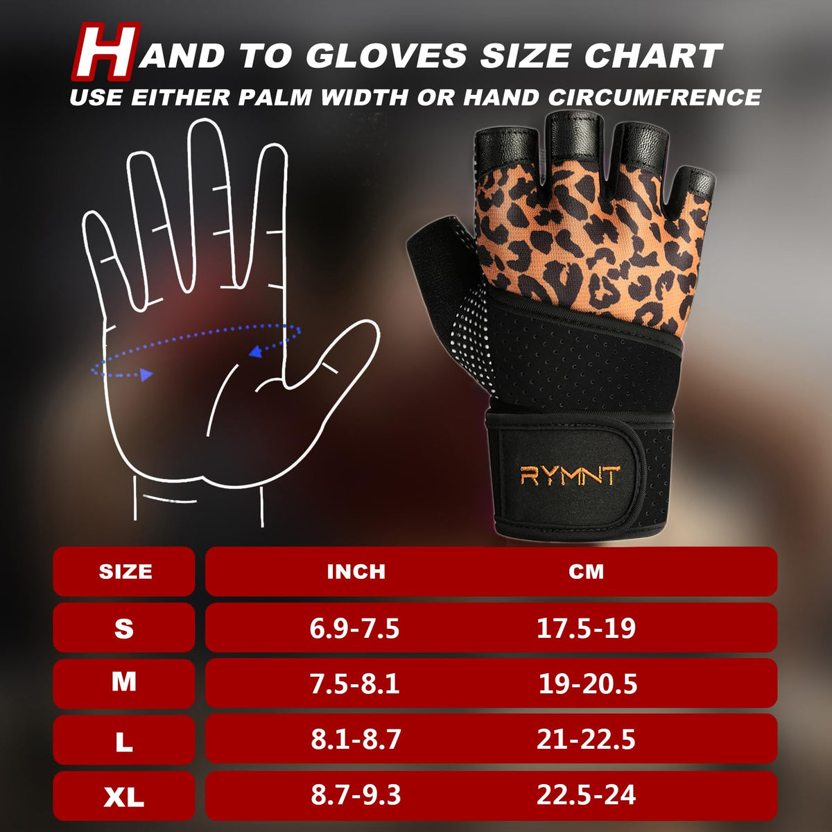 RYMNT Workout Gloves with Weight Lifting Wrist Wrap,Vented Cushioned Palm & Extra Grip for Men Women Gym,Weightlifting,Fitness Training,Fitness,Exercise,WODs,Pullups.Leopard-Medium