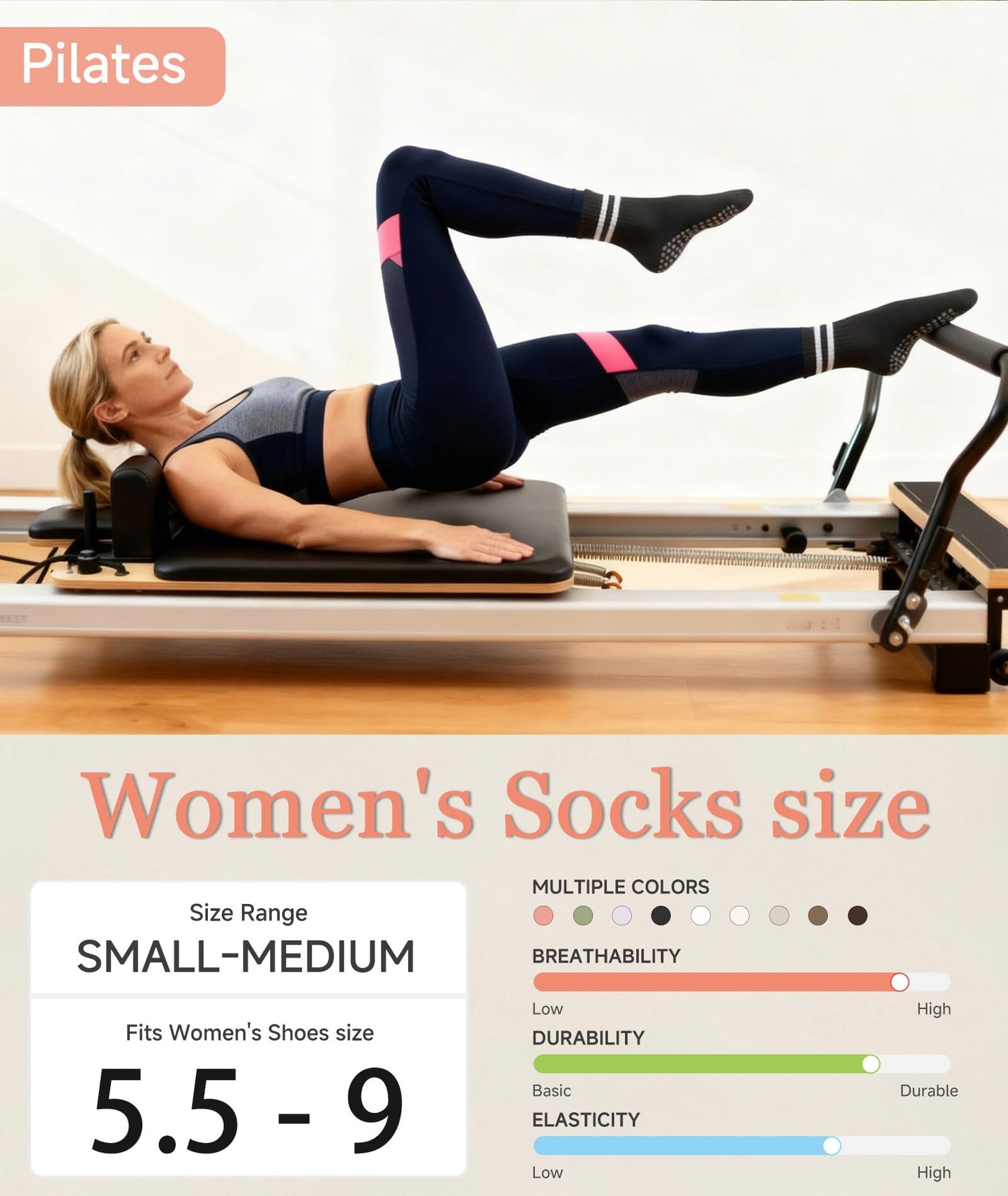 Mancreda Pilates Socks for Women with Non-Slip Grips 84% Cotton Yoga Socks for Barre, Hospital & Barefoot - One Size Fits Most (4 Pairs,PK)