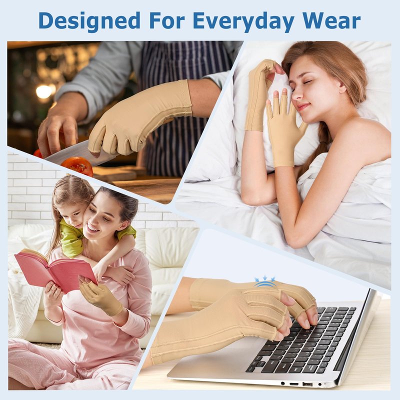 NURCOM Compression Arthritis Gloves Support for Women & Men, Relieve Pain & Swelling from Arthritis, Carpal Tunnel, Tendinitis, Tendonitis, Single Glove for Left & Right Hand, Open Finger Beige Large