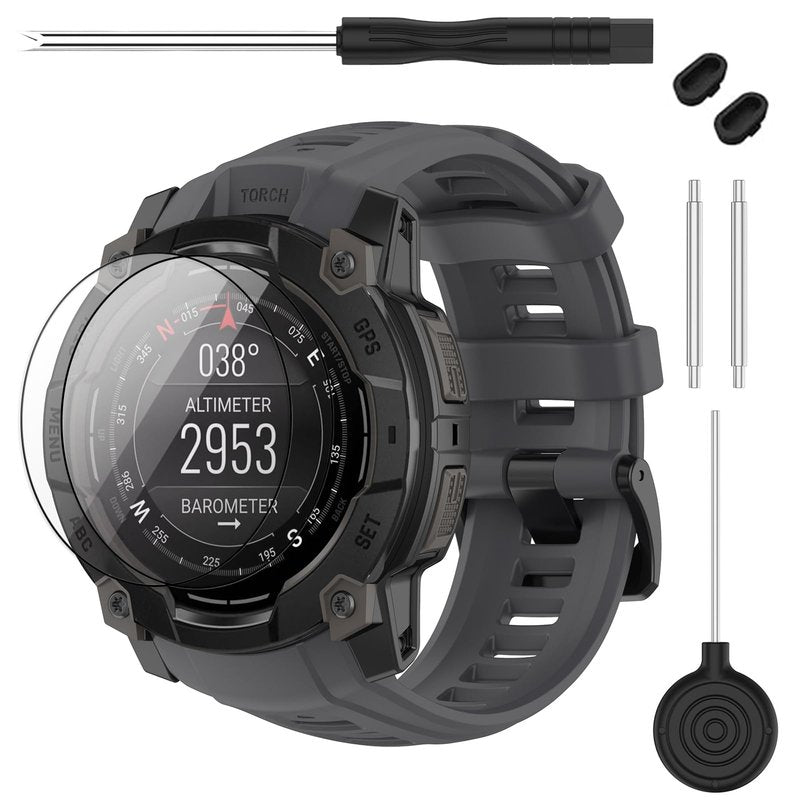TopPerfekt Band Compatible with Garmin Instinct 3 50mm, Soft Silicone Replacement Watch Band 26mm Width Strap and 2 Pack Screen Protectors for Instinct 3 Smart Watch for Women Men (Grey)