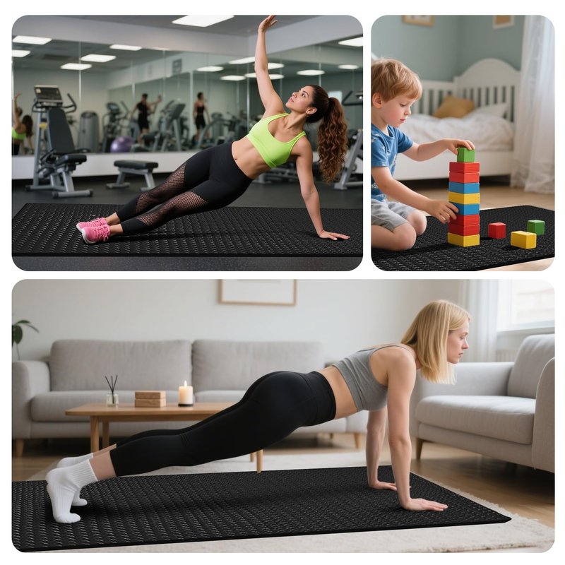 4x6ft Gym Floor Mat 10mm Thick - Large TPE/NPE Foam Workout Mat for Home Gym, Garage Floor, Yoga & Exercise - Non-Slip Eco-Friendly Fitness Mat (Black)