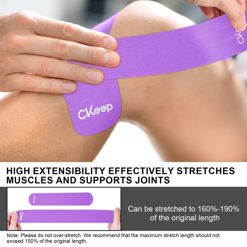 CKeep Kinesiology Tape, 2 Rolls Cotton Latex Free Hypoallergenic Elastic Precut Strips, 2 Inch Wide Waterproof Athletic Tape for Knees Pain Injuries Sprains, Purple