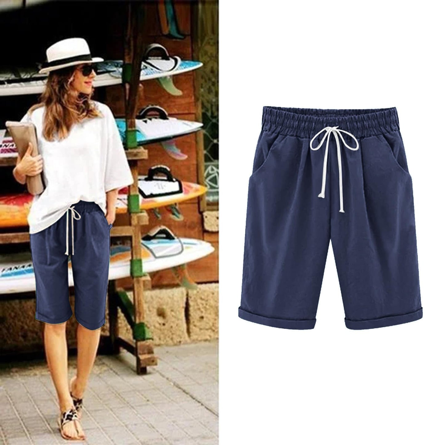 Generic Women's Knee Length Bermuda Shorts Elastic Waist Drawstring Casual 10"" Long Shorts Loose Fit Summer Beach Shorts A-Dark Blue, Large