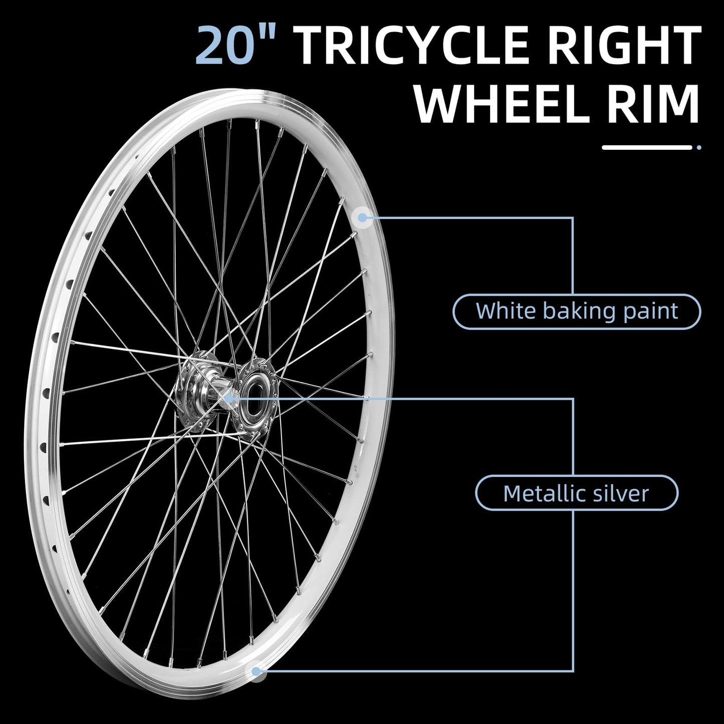 AkiiGer Adults 3 Wheels Bicycle Wheels Tricycle Right Wheel 20" Double Wall Alloy Rim 36x13G Silver Spoke Aluminum Alloy White/Silver