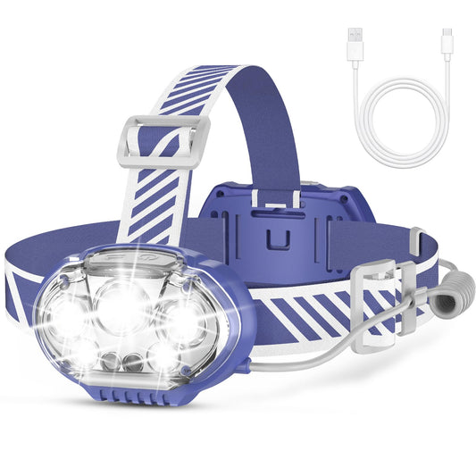 MIOISY Rechargeable Headlamp, 20000 High Lumen Bright 5 LED Head Lamp with Red White Light,IPX4 Waterproof Headlight,8 Mode Head Flashlight for Outdoor Running Hunting Fishing Hiking Camping Gear-Blue