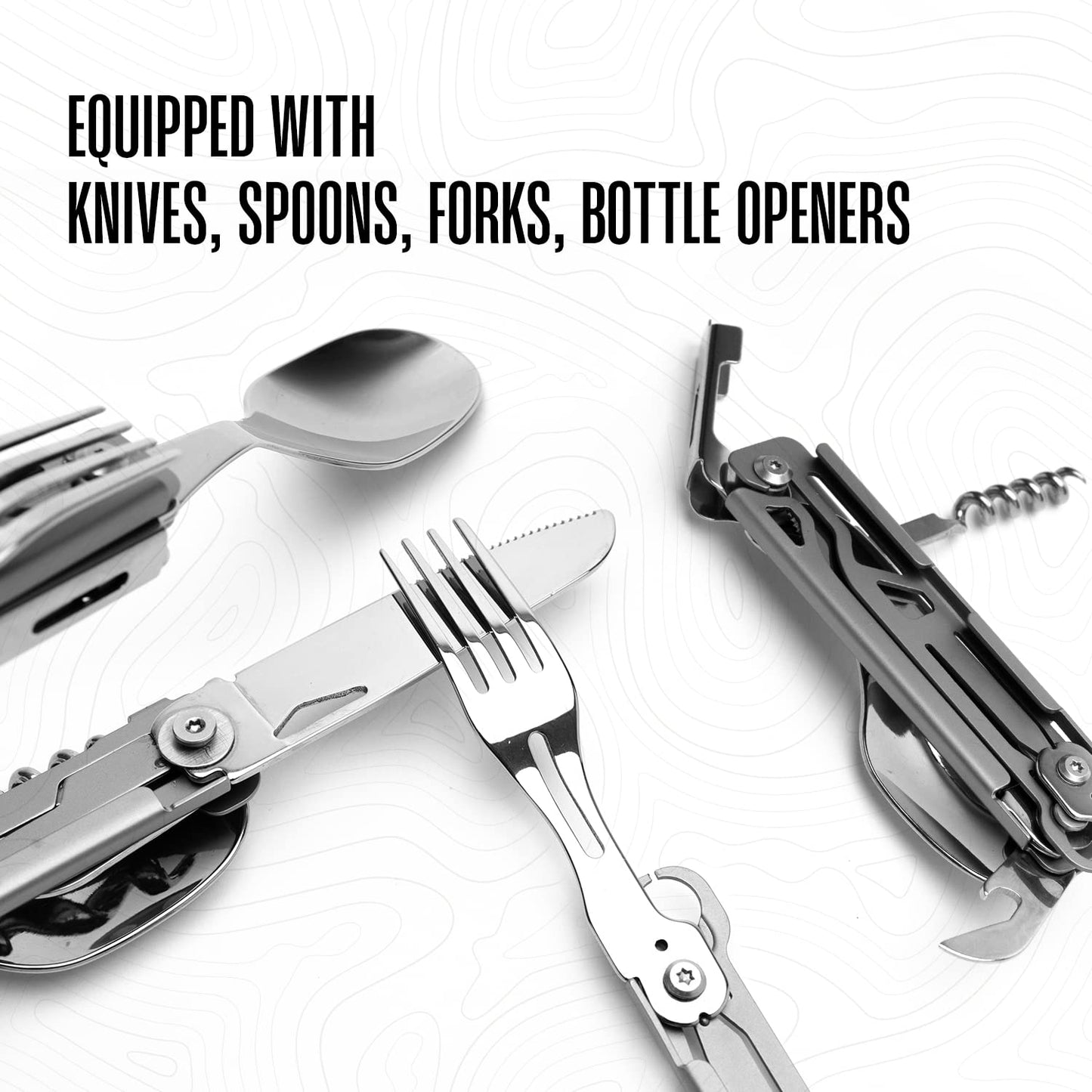 Camping Utensils - 4 In 1 Stainless Steel, Safety Locking Camping Accessories with Durable Sheath - Compact Multi Tool For Camping With Knive, Spoon, Fork, Bottle Opener by Hayvenhurst