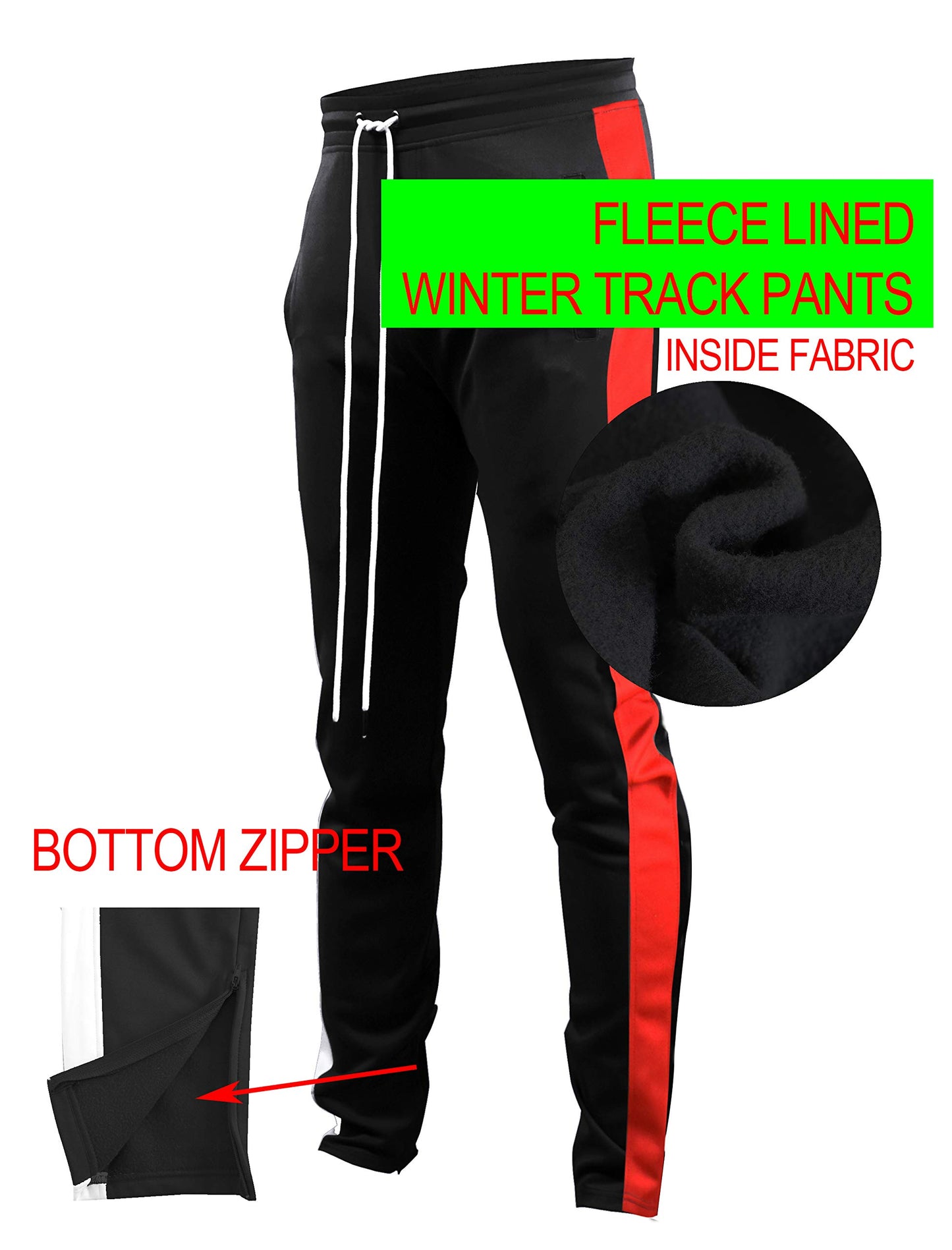 SCREENSHOT-S41707 Mens Hip Hop Premium Slim Fit Winter Fleece Lined Track Pants - Modern Workout Athletic Jogger Bottoms with Side Taping-Black/Red-Small