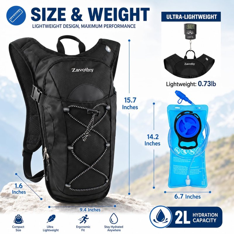 Zavothy Lightweight Hydration Backpack with 2L Water Bladder Water Backpack Hydration Pack for Cycling Running Biking Hiking Backpack Black