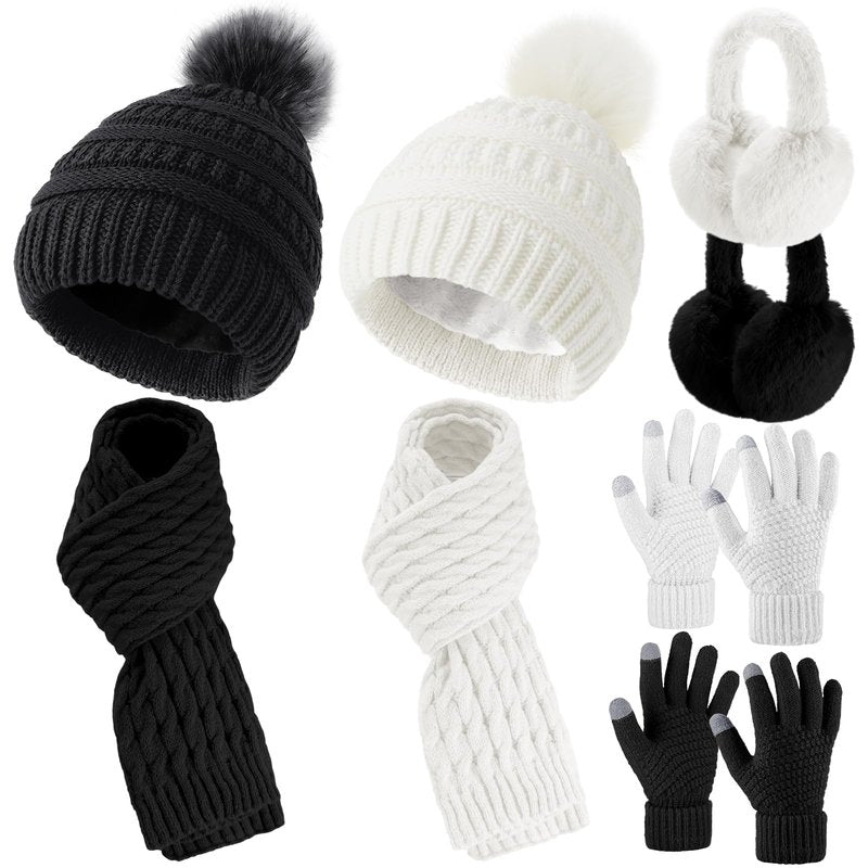 Suhine 8 Pcs Winter Hat Scarf Gloves Earmuff Set Knit Beanie Pompom Hat Warm Touch Screen Gloves for Women Men Adult(Black,White,Chic Style)