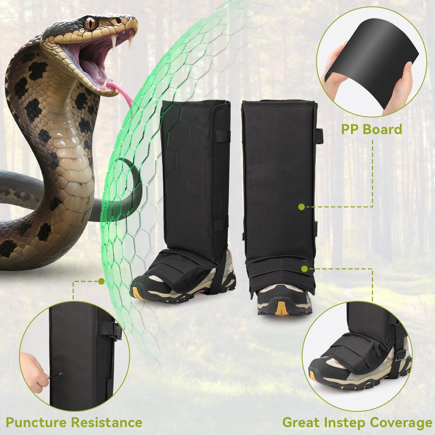 ENPOINT Snake Gaiters - Snake Guards for Legs Men & Women, Black Shoe Gaiters for Hiking, Camping, Fishing, Farm Working, Hunting Equipment, Hunting Gear for Men & Women