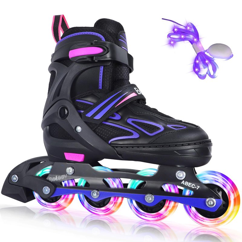 BELEEV Inline Skates with Light-Up Wheels & Shoelaces, 4-Size Adjustable Roller Blades for Kids, Boys & Girls Ages 5-8, 8-12, 6-12, Illuminating Skates for Youth & Women, Beginner Outdoor/Indoor Use