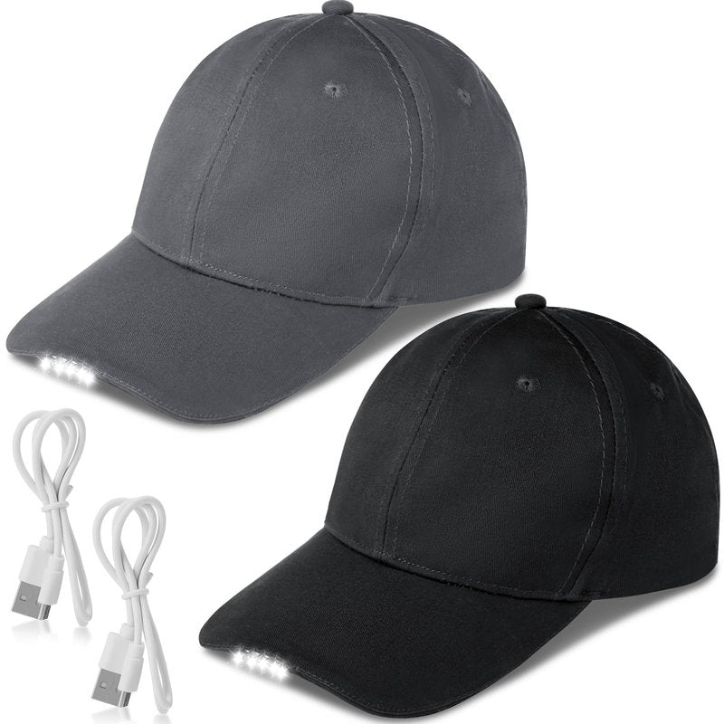 Syhood 2 Pieces LED Baseball Caps Flashlight Hats Hands Free Baseball Caps with Light Built in 5 Battery Powered Headlamp LED Hats Light for Men Fishing Jogging Camping Hand Work(Black,Grey)