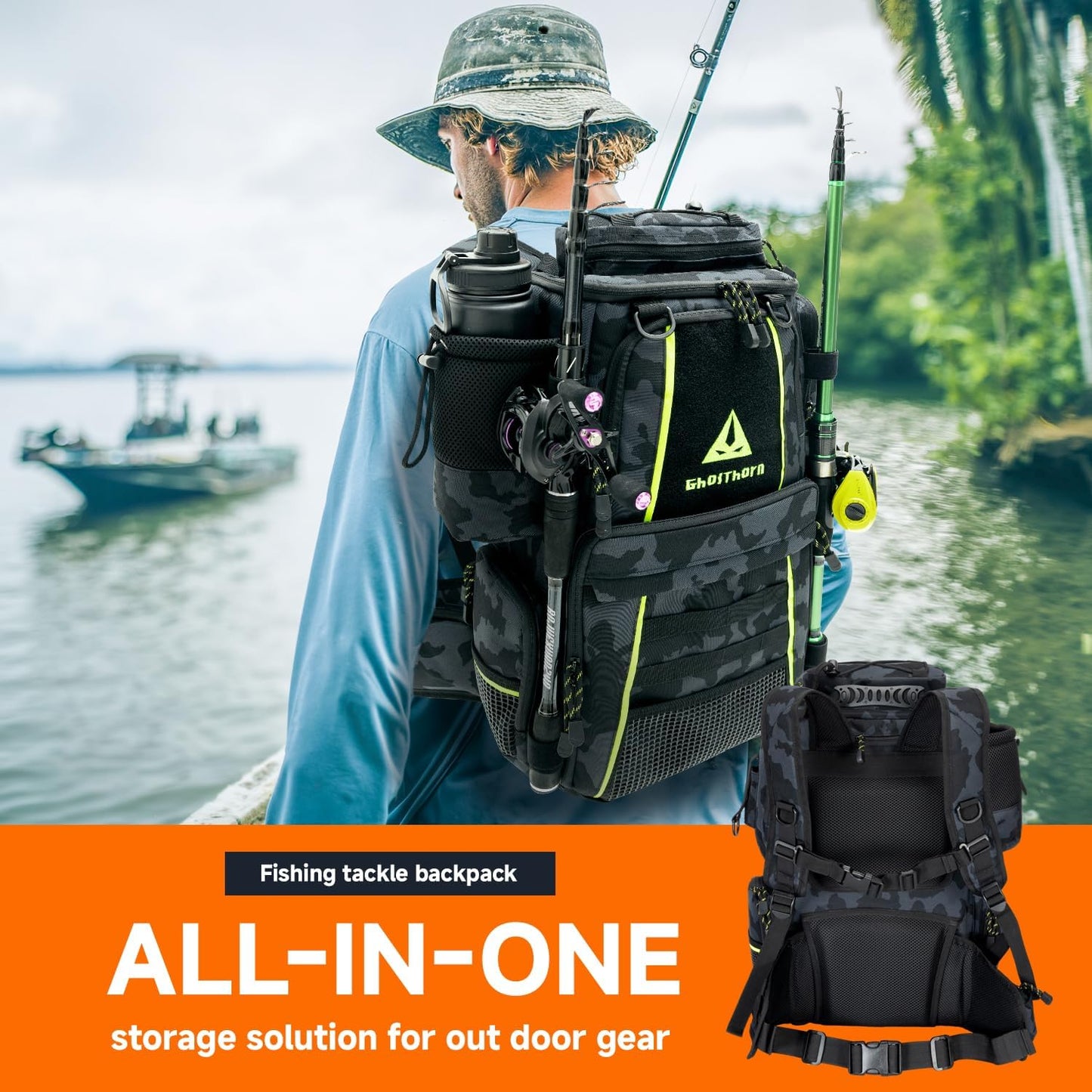 Ghosthorn Fishing Tackle Backpack - 43L Waterproof Gear Bag with 4 Tackle Boxes & Rod Holder | Detachable Waist Bag