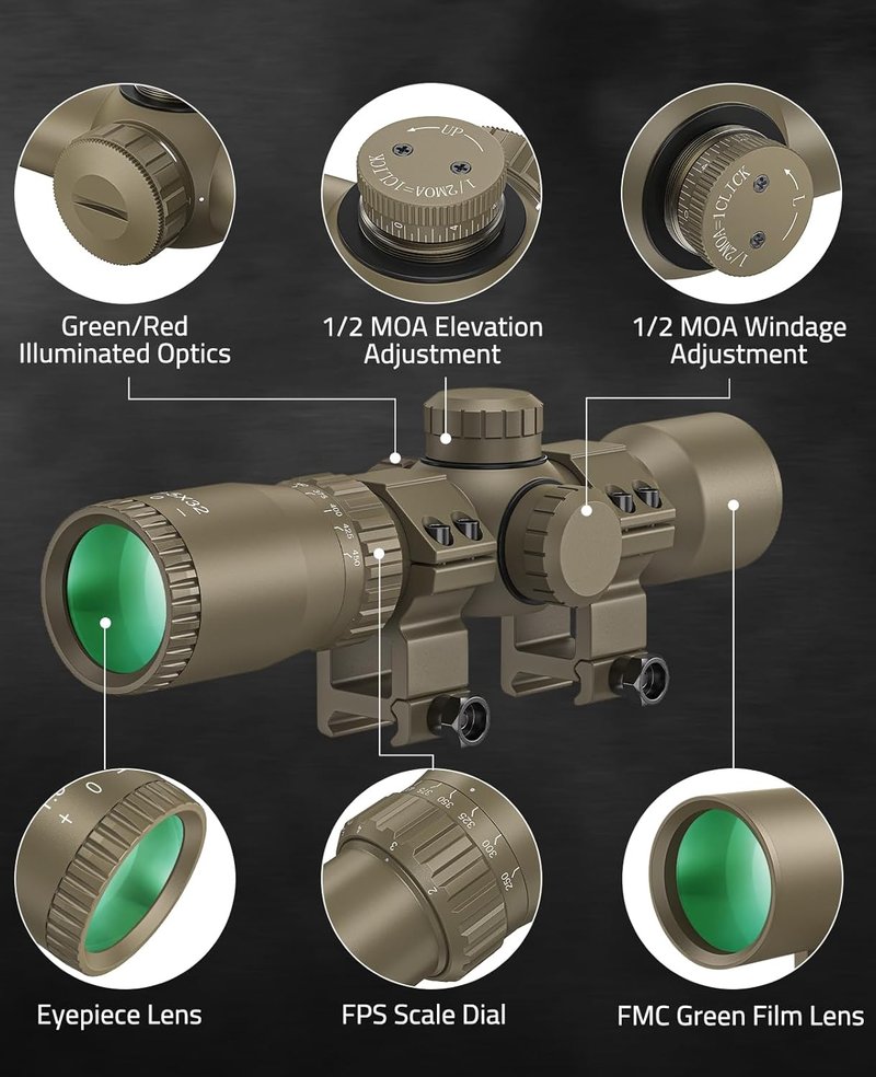CVLIFE Crossbow Scope - 1.5-5x32 Etched Glass Reticle | Red Green Illumination, 20-100 Yards