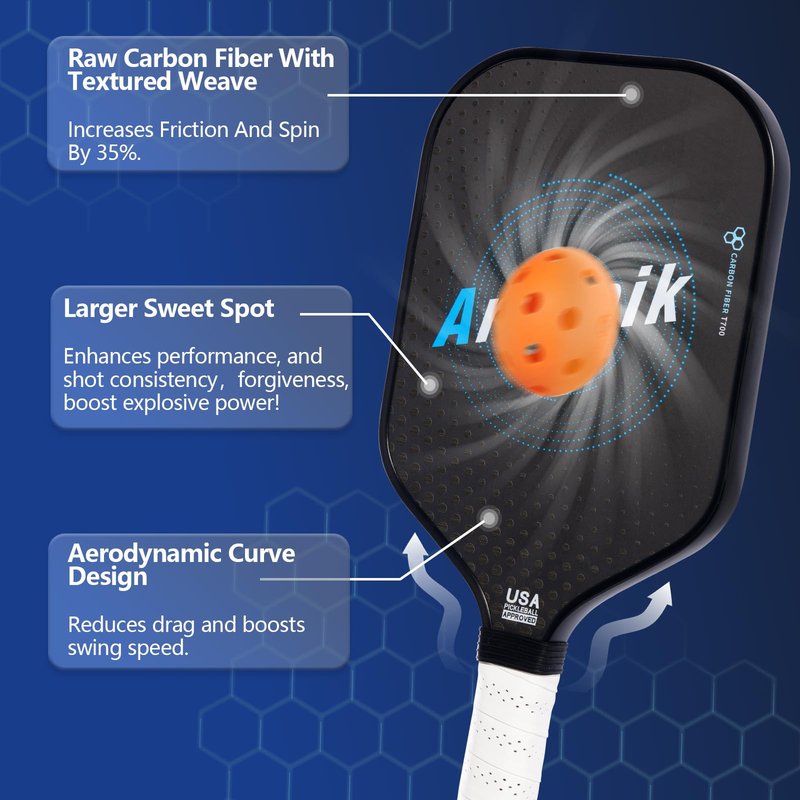 Pickleball Paddles, Carbon Fiber Pickleball Paddle with 16mm HComb Core, T700 High Spin Power | Anti-Slip Comfort Grip | Ultra Light | Powerful Pickleball Racket for Pros & Beginners