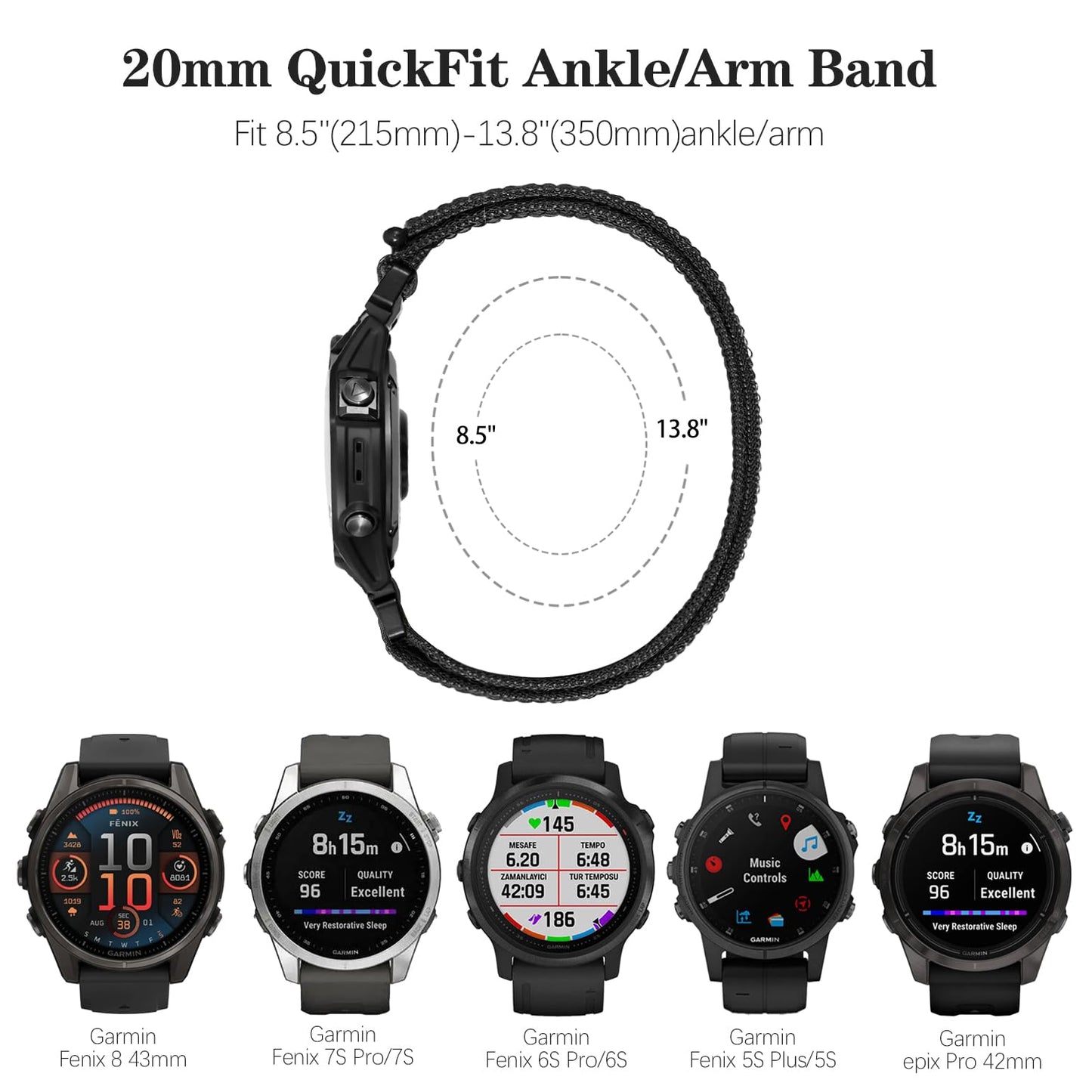Oanux 20mm QuickFit Sports Ankle/Arm Band Compatible with Garmin Fenix 8 43mm/7S/7S Pro/6S/6S Pro/5S/5S Plus, Soft Nylon Bicep Strap for Epix Pro 42mm/Descent Mk2s/Descent Mk3i 43mm Men and Women
